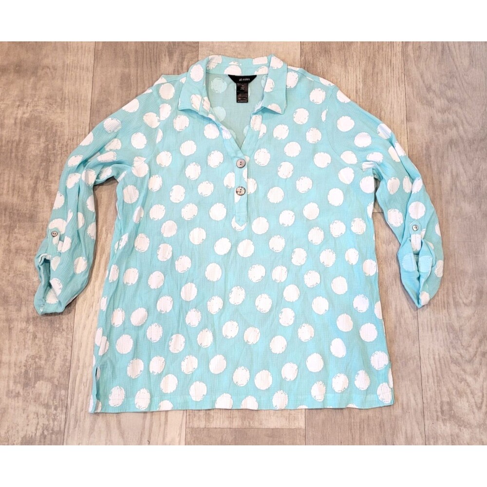 Ali Miles Polka Dot Tunic Top Size 1X Blue White Roll Tab Sleeve Stretch Beachy